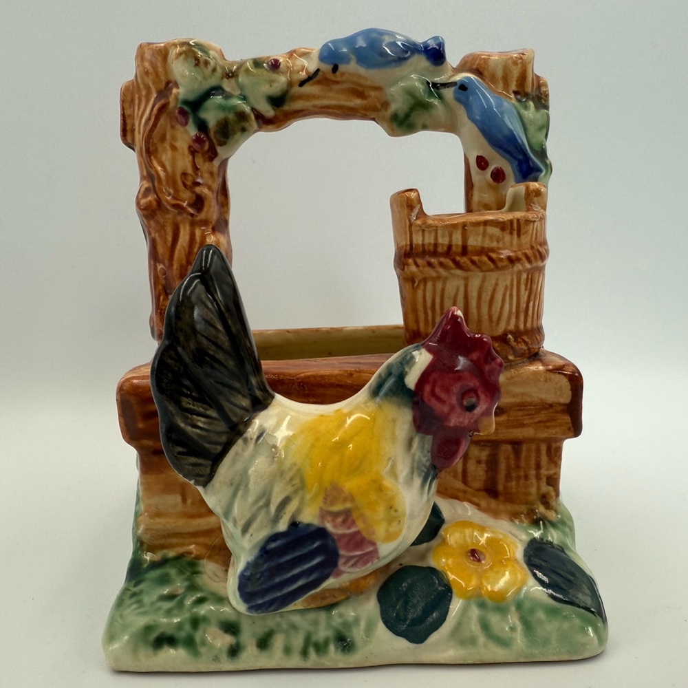 Rare Vintage Japan Porcelain Figurine Planter Rooster  at Wishing Well *as is*